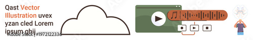 Cloud storage, multimedia tools, online streaming, digital content sharing, user interaction, media accessibility. Visual of cloud, audio timeline play button and user illustration. Cloud storage