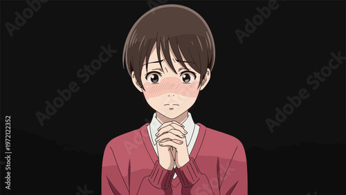 Blushing anime girl character with brown hair and a red sweater pressing her hands together in a hopeful or praying gesture on black.