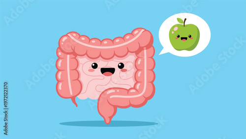 Happy human intestine character thinking about a fresh green apple inside a speech bubble for digestive health and nutrition awareness.
