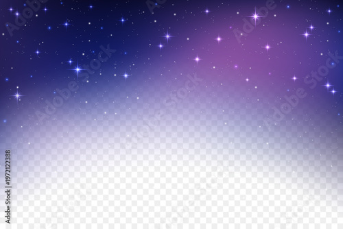 Night sky background with light transparent effect. Vector blue and purple universe with magic texture of cosmic sparkles for Christmas design. Bright fantasy outer space with particles of twinkles.