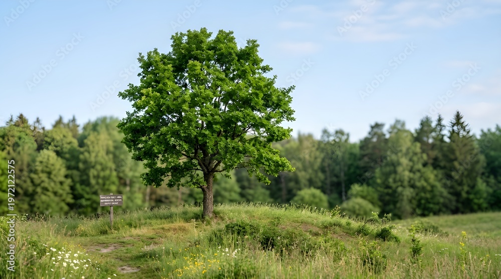 Fototapeta premium Lone green tree on meadow hill with forest background