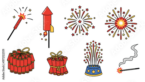 Sparklers, Rockets, and Firecrackers Vector Icons Set for Celebrations & Festive Occasions