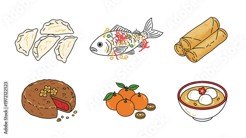 Traditional Chinese New Year Foods and Auspicious Symbols Icon Set
