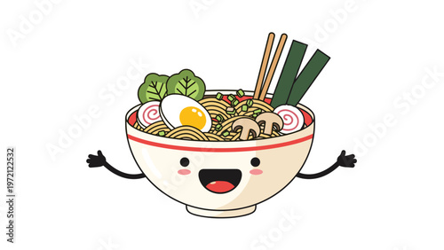 Happy ramen bowl character with noodles, egg, mushrooms, and seaweed waving its arms to celebrate delicious japanese cuisine and food culture.