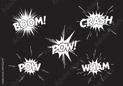 A collection of comic book sound effects including Boom, Crash, Pow, and Wham, rendered in white on a dark background, capturing the dynamic energy of action scenes.