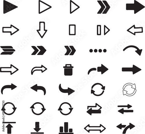 Collection of Diverse Arrow Icons and Symbols for Navigation and UI Design, Flat Style