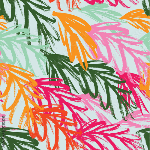 Abstract floral pattern with vibrant brushstrokes of pink, orange, and green on a light blue background, perfect for graphic design and textile applications