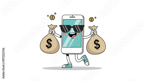 Cool smartphone character wearing sunglasses and running while holding two large bags of money to represent mobile banking and wealth.