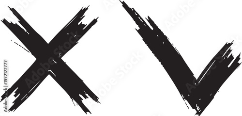 Black hand-drawn grunge cross and check mark symbols with textured brush strokes isolated on a white background.