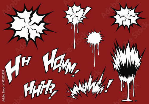 A collection of comic book style sound effects, including explosions and onomatopoeia like 'Hh' and 'Homm'.