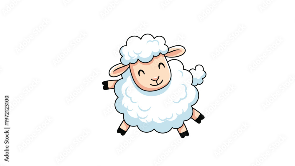 Fototapeta premium Happy and fluffy white sheep character jumping playfully on a white background representing farm animals, wool, and innocent childhood fun.