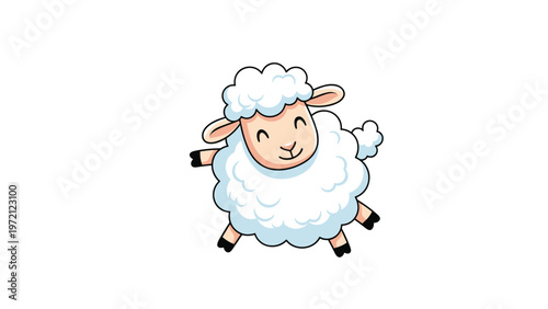 Happy and fluffy white sheep character jumping playfully on a white background representing farm animals, wool, and innocent childhood fun.