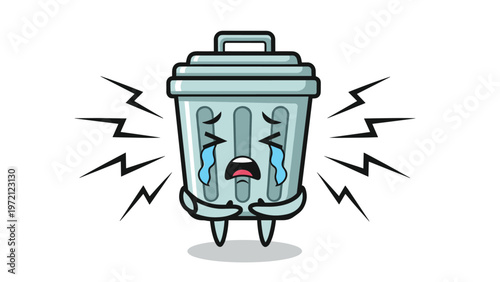Crying metal trash can character with black lightning symbols representing stress, overflowing waste, or a bad smell for environmental concepts.