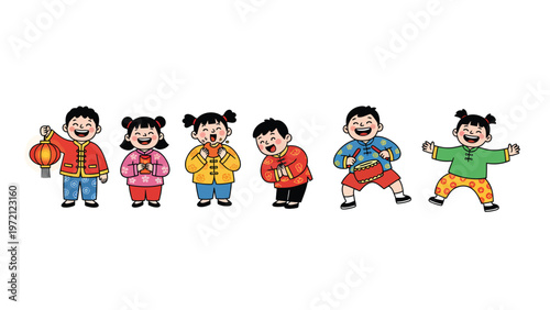 Joyful cartoon children in traditional Chinese attire, celebrating cultural events with happiness and laughter