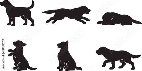 Set of six dog silhouettes in various poses, flat design vector illustration