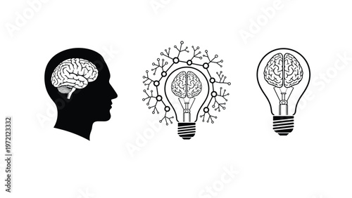 Three silhouettes showing a human head with a brain, a lightbulb with brain branches, and a simple lightbulb to represent the thinking process.