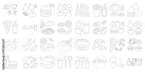 Food Icon Pack Modern Line Glyph Flat Style Restaurant and Delivery Vector Set