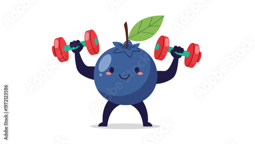 Muscular blueberry character lifting red dumbbells with strong arms to represent health, fitness, and superfood energy for a healthy lifestyle.