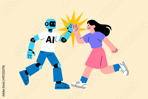 AI Robot and Woman High Five Illustration.eps