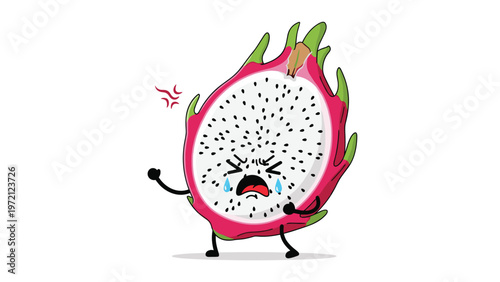 Angry dragon fruit character with a red face and tears expresses frustration in a funny cartoon style with small legs.