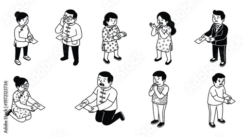 Isometric black and white illustrations of diverse people exchanging traditional envelopes in various cultural poses, celebration concept