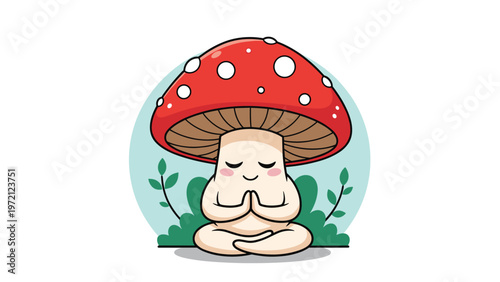 Adorable red mushroom character meditates peacefully in a lotus position surrounded by green leaves in a calm forest.