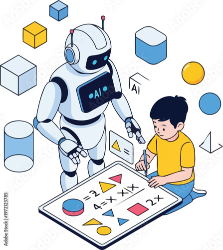 AI Robot Tutor Teaching Math and Geometry to a Child, Isometric Illustration of Future STEM Education