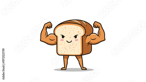 Strong slice of white bread character shows off its muscular arms and determined expression in a fitness-themed art.