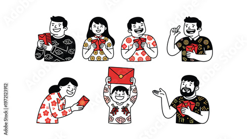 Diverse people celebrating with red envelopes, symbolizing good luck and festive Asian traditions. Cartoon illustration set.