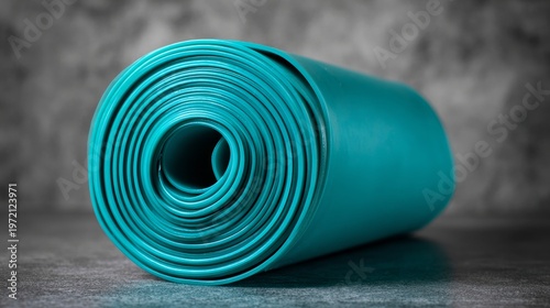 Roll of stretchy turquoise plastic sits on a gray surface, seen up close.