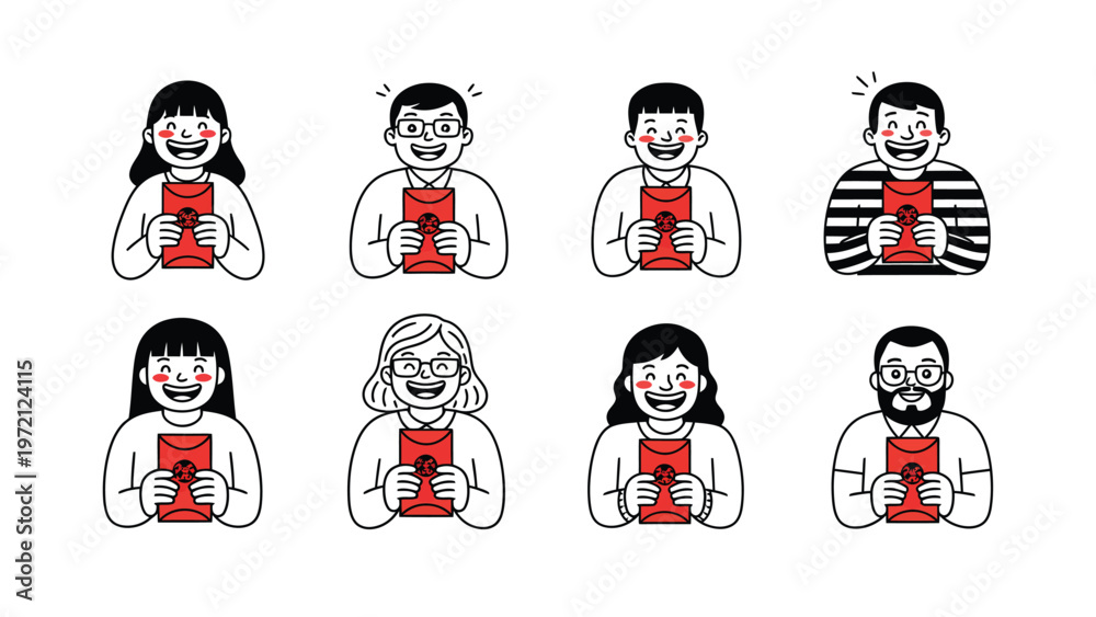 Fototapeta premium Joyful Diverse People Holding Red Envelopes. Flat Cartoon Characters Celebrating and Receiving Gifts. Minimalist Illustration.