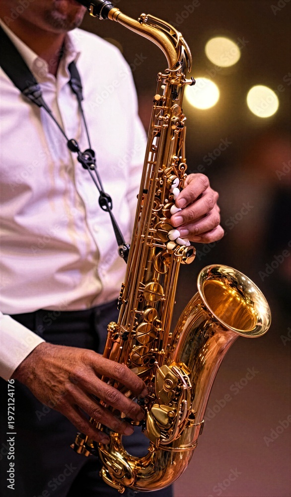 Obraz premium Close Of Individual Playing Saxophone To Live Performance Rehearsal Setting Main Subject Whose Face Partially In Background Wears White Shirt Dark Trousers Holding