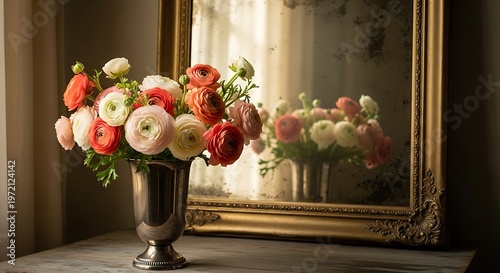 Elegant floral bouquet reflected in ornate gold framed mirror arrangement