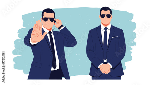 Two professional security guards in suits and sunglasses stand ready, with one holding a hand out in a stop gesture.