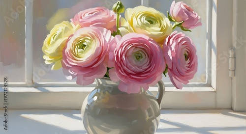 Vase of pastel pink and yellow flowers on a windowsill with sunlight