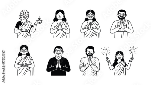 Indian Cultural Gestures and Festival Celebrations Line Art Set