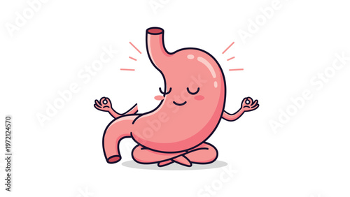 Peaceful human stomach character sits in a meditative pose to represent digestive health and gut wellness concepts.