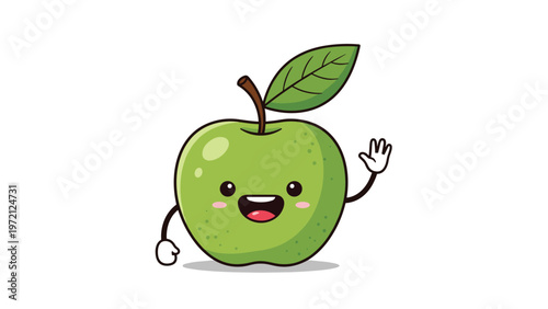 Friendly green apple character with a single leaf waves and smiles in a bright and healthy fruit themed vector art.