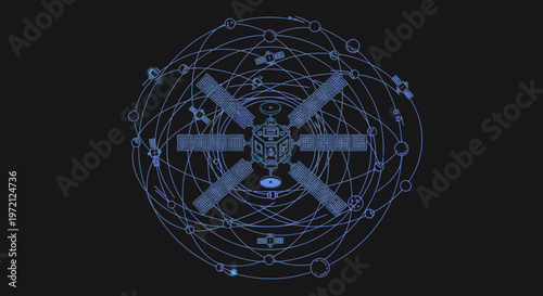 Abstract illustration of a satellite with orbital paths on a dark background