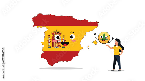 Map of Spain with the national flag smiles as a woman points to a circular cannabis leaf icon for legalization info.