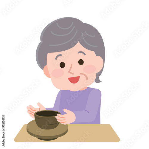 陶芸をする高齢者の女性　イラスト