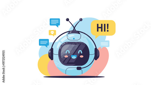 Modern chatbot robot with a digital face and headphones responds to text messages in a technology themed illustration.