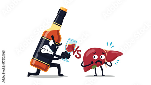 Angry alcohol bottle character attacking a frightened human liver to show health damage from drinking in flat vector style.