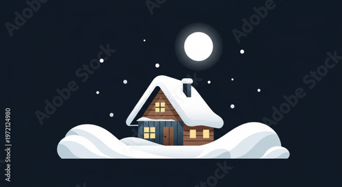 Cozy snow covered house with glowing windows under a full moon on a snowy night with falling snowflakes