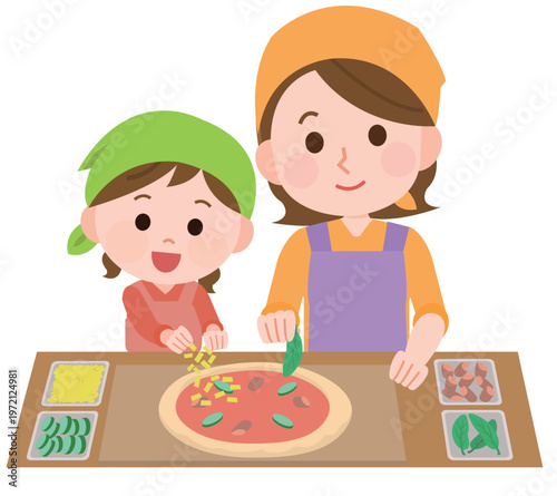 手作りピザに具材をのせる女の子と女性　イラスト