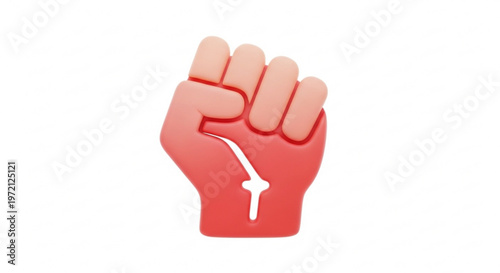 A red fist with a white broken chain on the palm raised in defiance or protest on white background