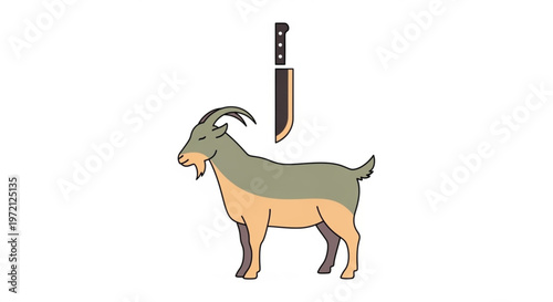 Goat standing with a knife above it on a white background symbolizing sacrifice or slaughter for meat