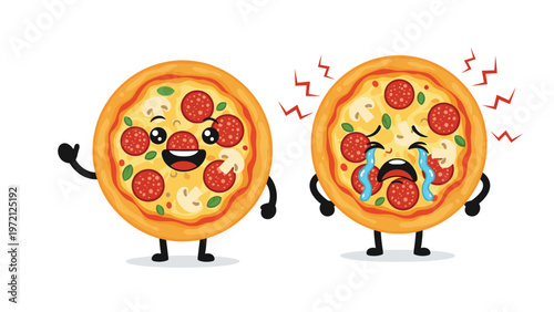 Comparison of a happy pepperoni pizza character waving and a crying pizza character with lightning bolts for mood display.