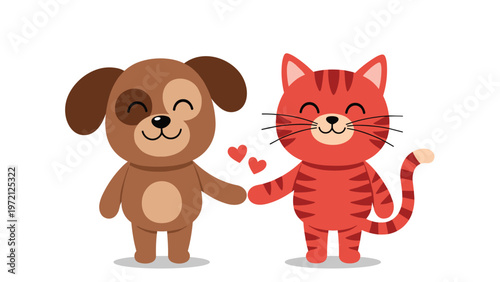 Adorable brown dog and red tabby cat characters holding paws with floating hearts to show the friendship between pets.