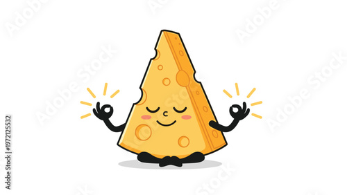 Peaceful cheese wedge character sitting in a meditative pose with its eyes closed to show relaxation and mindfulness concepts.